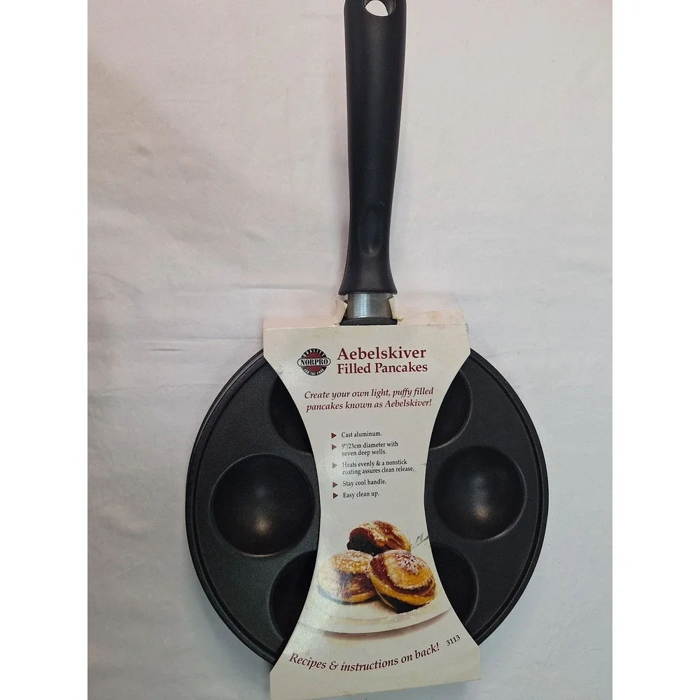 Norpro Aebelskiver Filled Pancake Pan 9in Cast Aluminum Nonstick 7 Wells 3113